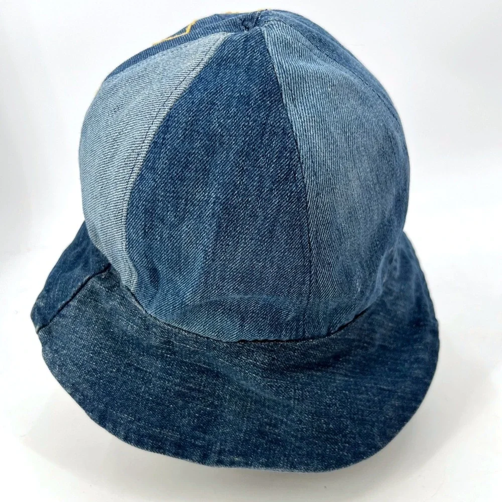 Hippie 70s Boho Vintage Retro Handmade Blue Denim Bucket Hat Embroidered Sun